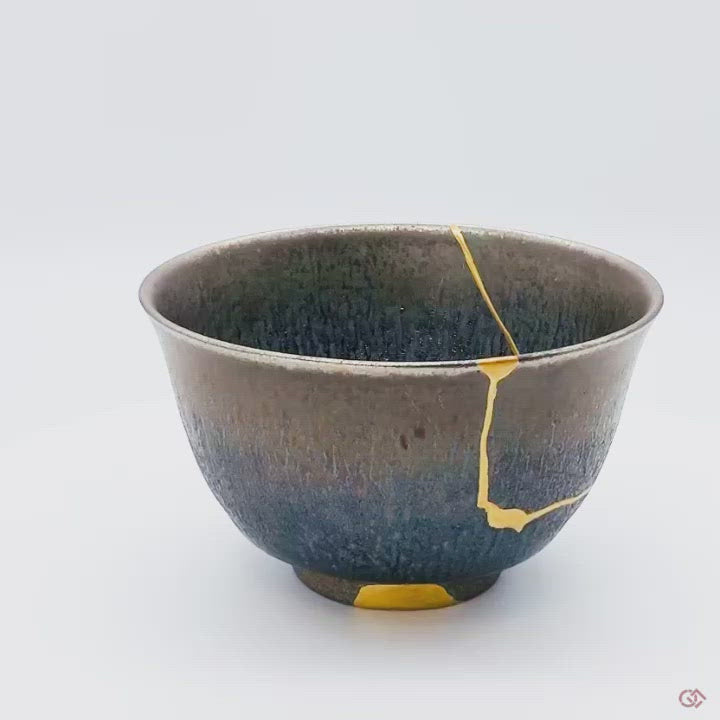 Authentic Kintsugi Sake cup, Tenmoku type, Cosmos Kyoto ware