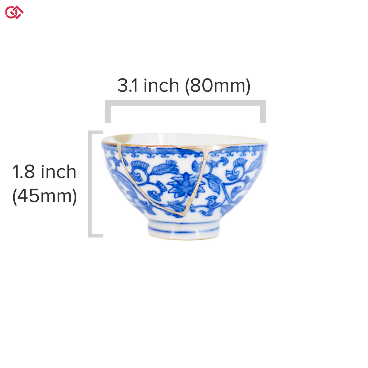 Authentic Kintsugi pottery cup with diameter and height description