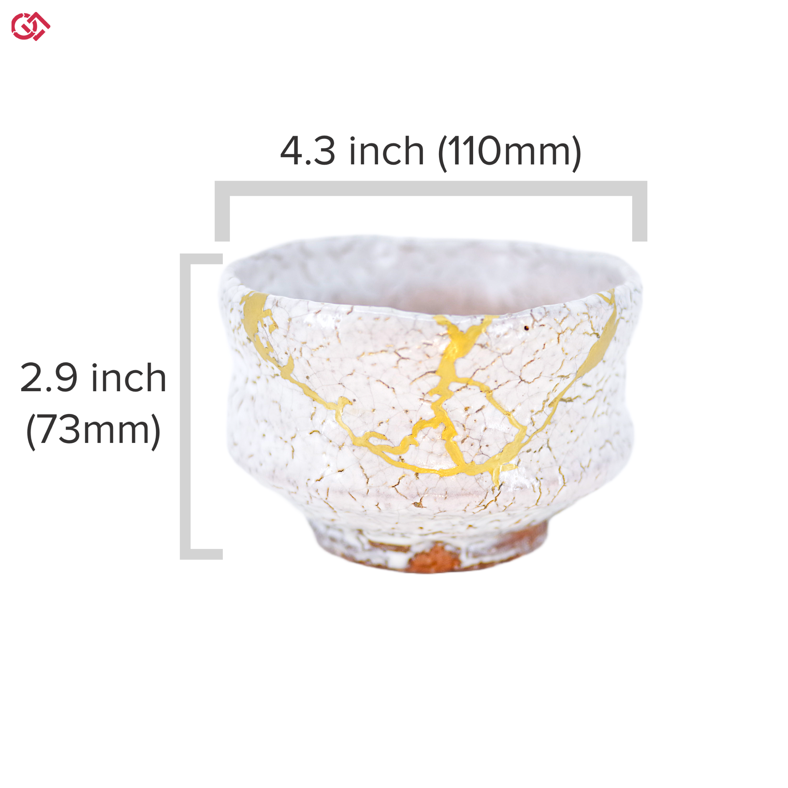 Authentic Kintsugi pottery with diameter and height description