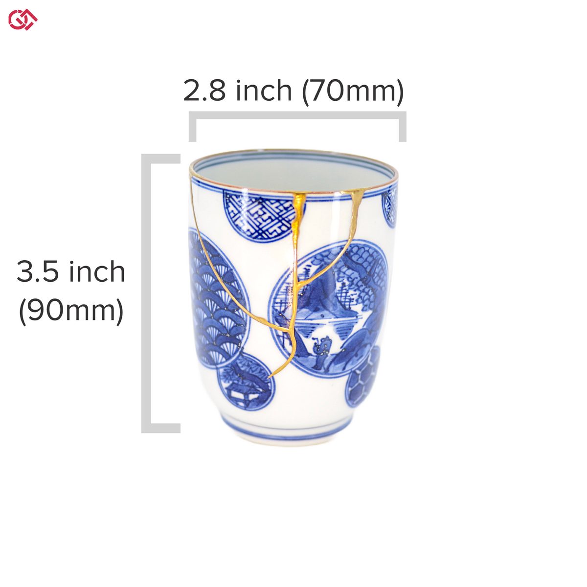 Authentic Kintsugi pottery cup with diameter and height description