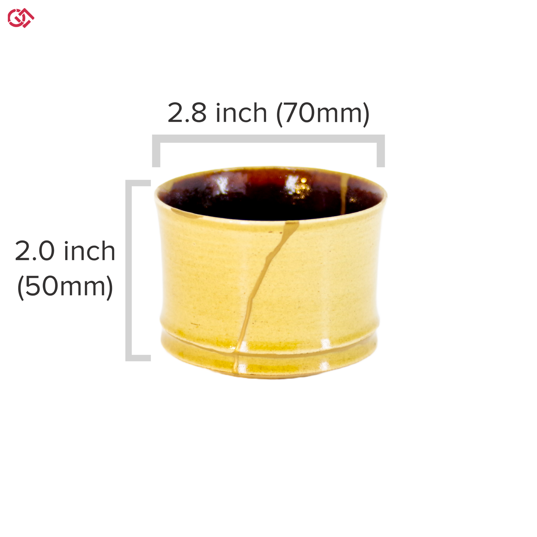 Authentic Kintsugi pottery cup with diameter and height description
