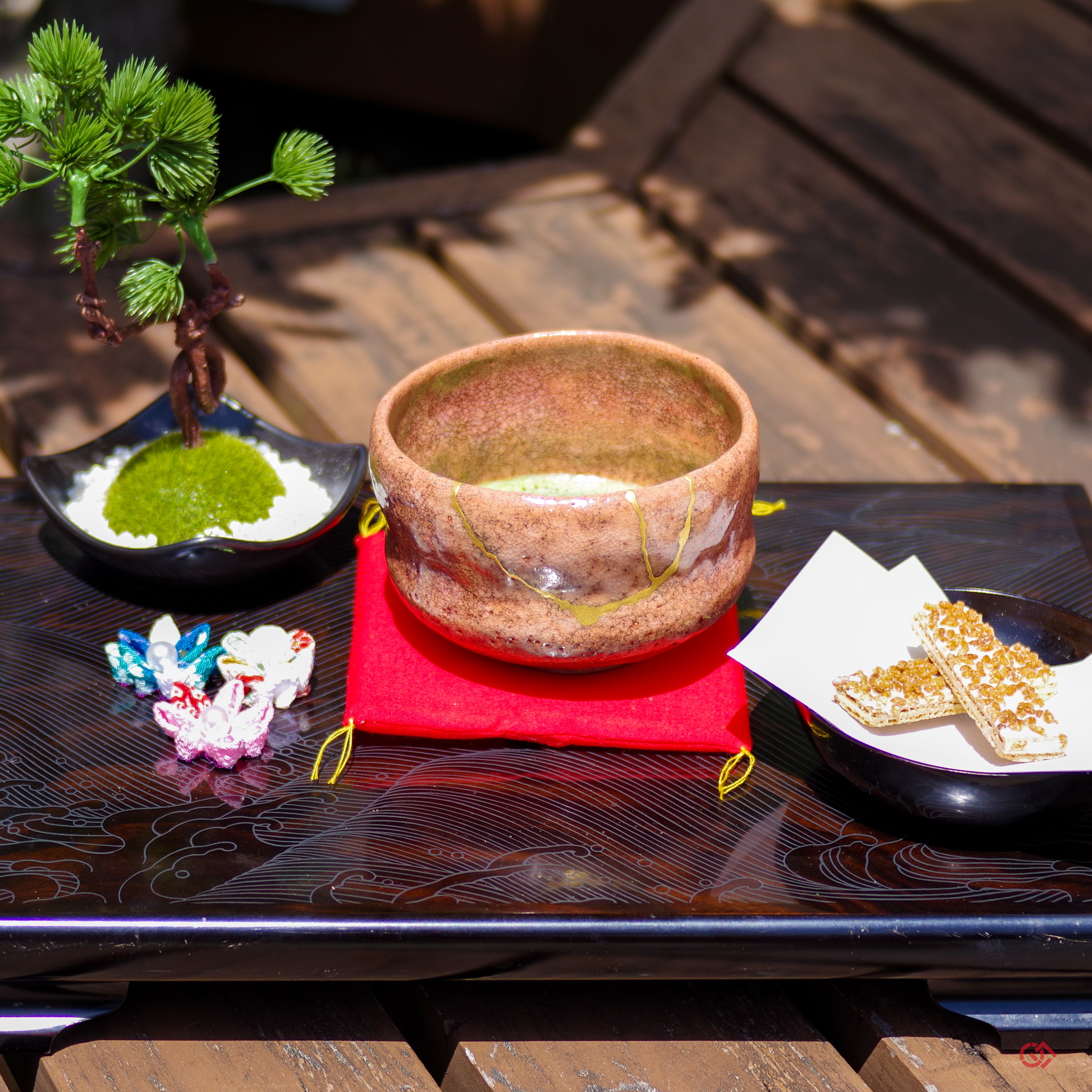 Authentic Kintsugi Matcha bowl, Red Raku type, Maya