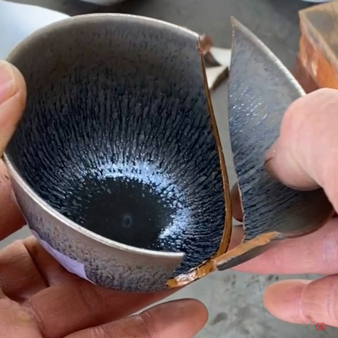 Authentic Kintsugi Sake cup, Tenmoku type, Cosmos Kyoto ware